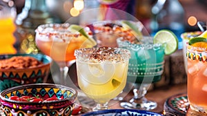 A colorful selection of Cinco de Mayo cocktails adorned with festive decorations, ready to celebrate