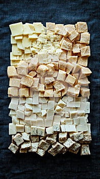 A colorful selection of different cheeses is neatly cut into small cubes, ready to be served at a gathering or enjoyed photo