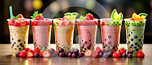 Colorful selection of milky fruit flavored bubble tea arranged in line on wooden table and bokeh background. panoramic banner