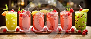 Colorful selection of milky fruit flavored bubble tea arranged in line on wooden table and bokeh background. panoramic banner