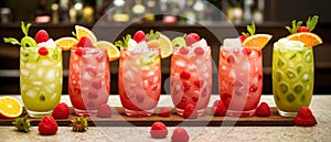 Colorful selection of milky fruit flavored bubble tea arranged in line on wooden table and bokeh background. panoramic banner