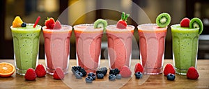 Colorful selection of milky fruit flavored bubble tea arranged in line on wooden table and bokeh background. panoramic banner