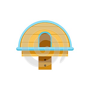 Colorful semi-circular wooden birdhouse with blue roof, isolated, white background