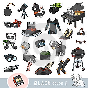 Colorful set of black color objects. Visual dictionary for children about the basic colors