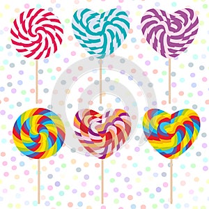 Colorful Set candy lollipops, spiral candy cane. Candy on stick with twisted design on white abstract geometric retro polka dot ba