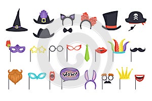 Colorful set with carnival masks and hats. Witch cap, glasses, beard, lips, speech bubble, cat ears and bow tie