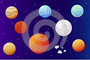 A colorful set of cartoon planets on cosmic background. vector illustration