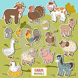 Colorful set of cute farm animals and objects, vector stickers