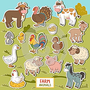 Colorful set of cute farm animals and objects, vector stickers photo