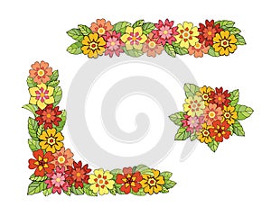 A colorful set of decorative elements corner, border from primrose flowers.