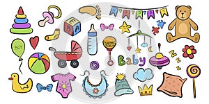 Colorful set doodle baby Icons and elements on white background