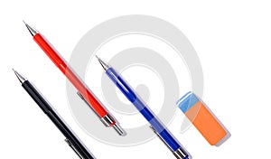 Colorful set of Drafting pencils and eraser on white background