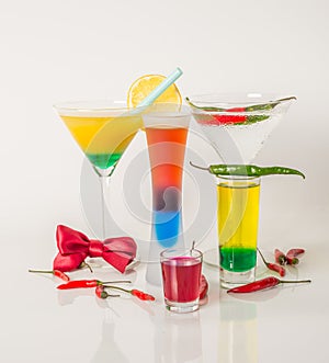 Colorful set of drinks, color drink decorated with olives and pe