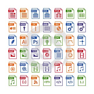 Colorful set of file type icons. file format icon set