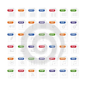 colorful set of file type icons. file format icon set in color