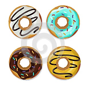 Colorful set of glazed donuts with caramel and sweets