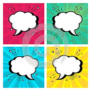 Colorful set icon of white empty speech bubbles with stars in pop art style. Comic sound effects in pop art style. Vector