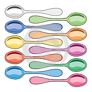 Colorful set of metal and plastic dining spoons. vector