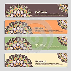 Colorful set of ornamental banners with mandala. Vintage decorative elements.