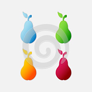 Colorful set of Paper cut Pear icon isolated on grey background. Fruit with leaf symbol. Paper art Style.