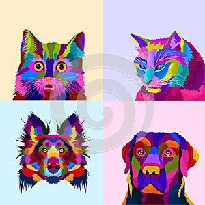 Colorful set pets pop art portrait vector decoration art