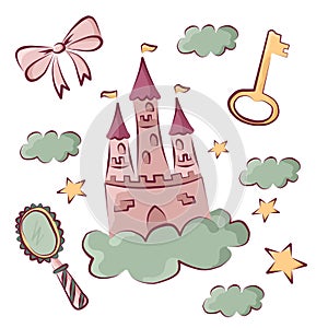 A colorful set of pink castle and princess accessories.
