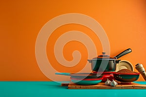 A colorful set of pots and pans are displayed on a red background with Generative AI