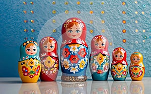 A colorful set of Russian wooden nesting dolls, or Matryoshka dolls