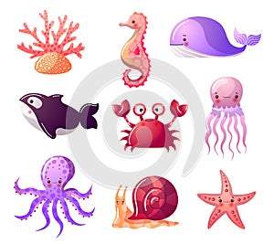 Colorful set of sea creatures.Raster illustration in the flat cartoon style of ocean animals