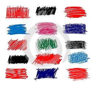 Colorful Set of simple bold hatching doodle lines, curves, frames. Pencil sketch isolated on white. Vector marker line blots set.