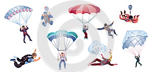 Colorful set of skydivers. Vector illustration in flat cartoon style