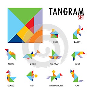 Colorful set of tangram game icons made with geometry shapes in abstract style, includes animal, vector illustration