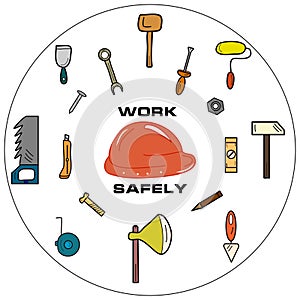 Colorful set of tools - work safely. Isolated vector logo, icon. Idea for working and repair themes. Ready-made artworks.