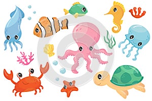 Colorful set of various sea creatures. Cartoon fish, seahorse, turtle, crab, jellyfish, octopus, seastar, seaweed. Flat