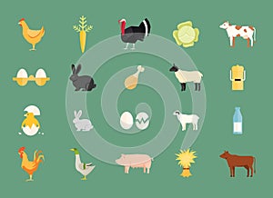 Colorful set of vector farm animals and produce