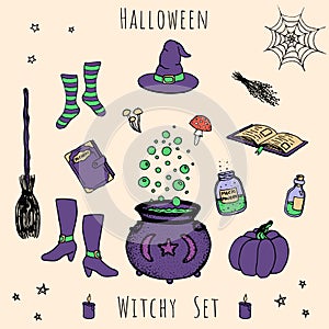 Colorful set of vector halloween elements. Includes potions, vials, herbs, books, mushrooms, cauldron