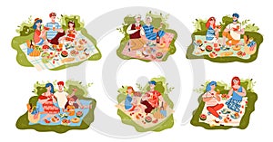 A colorful set of vector illustrations of a family picnic.