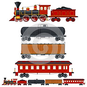 Colorful set of vintage train in retro style. Ð¡istern car, container and passenger waggons