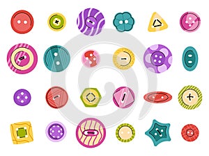 Colorful sew buttons for clothes. Sewing clothing accessories, variety round studs. Plastic button for jacket or shirt