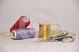Colorful sewing accessories still life