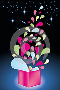 Colorful shapes come out from open gift box - Stock Illustration