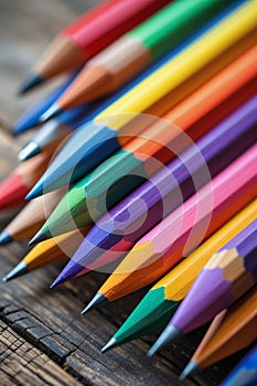 Colorful Sharpened Pencils in Spectrum Order on Rustic Desk