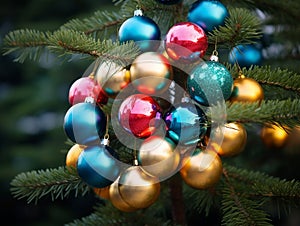 Colorful shiny Christmas balls on the branches of green New Year tree
