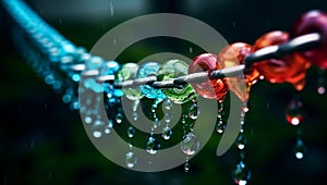 Colorful shiny metal chain with water drops. AI generated