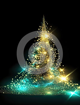 Colorful shiny spiral abstract Christmas tree with star in 3D design and dark background.