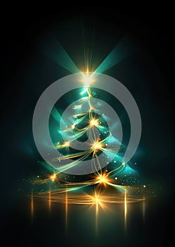 Colorful shiny spiral abstract Christmas tree with star in 3D design and dark background.