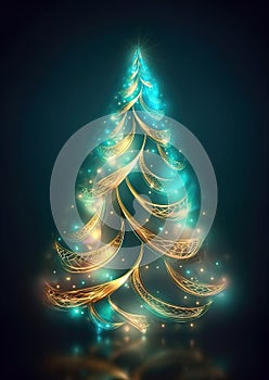 Colorful shiny spiral abstract Christmas tree with star in 3D design and dark background.