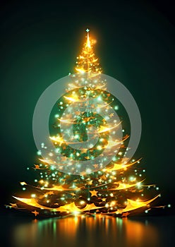 Colorful shiny spiral abstract Christmas tree with star in 3D design and dark background.