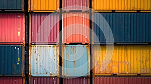 Colorful ship cargo containers stacked up in a port