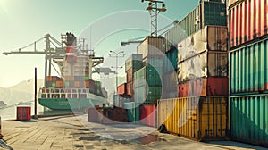 Colorful shipping containers for cargo transportation. A large green ship is moored in the port for shipping containers